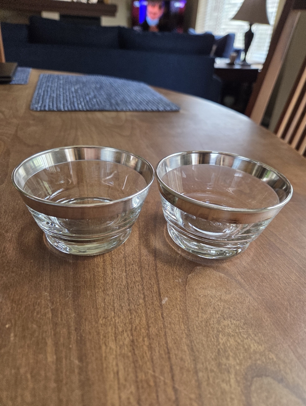 Pair Of Dorothy Thorpe Silver Band Sherbet Bowls Mid Century Libbey Glass